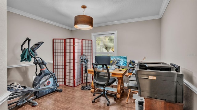 office featuring hardwood / wood-style flooring and ornamental molding