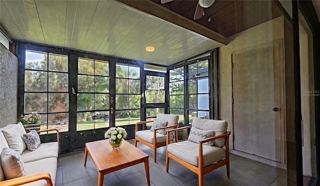 sunroom / solarium featuring beamed ceiling, ceiling fan, and wood ceiling