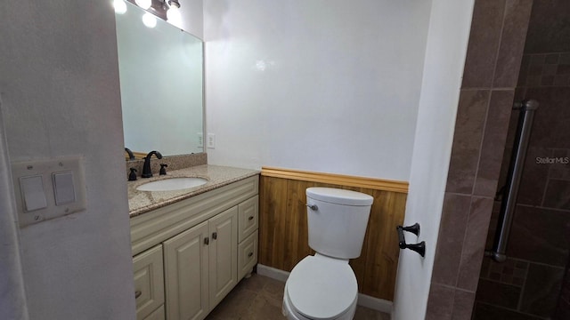 bathroom with wooden walls, vanity, and toilet