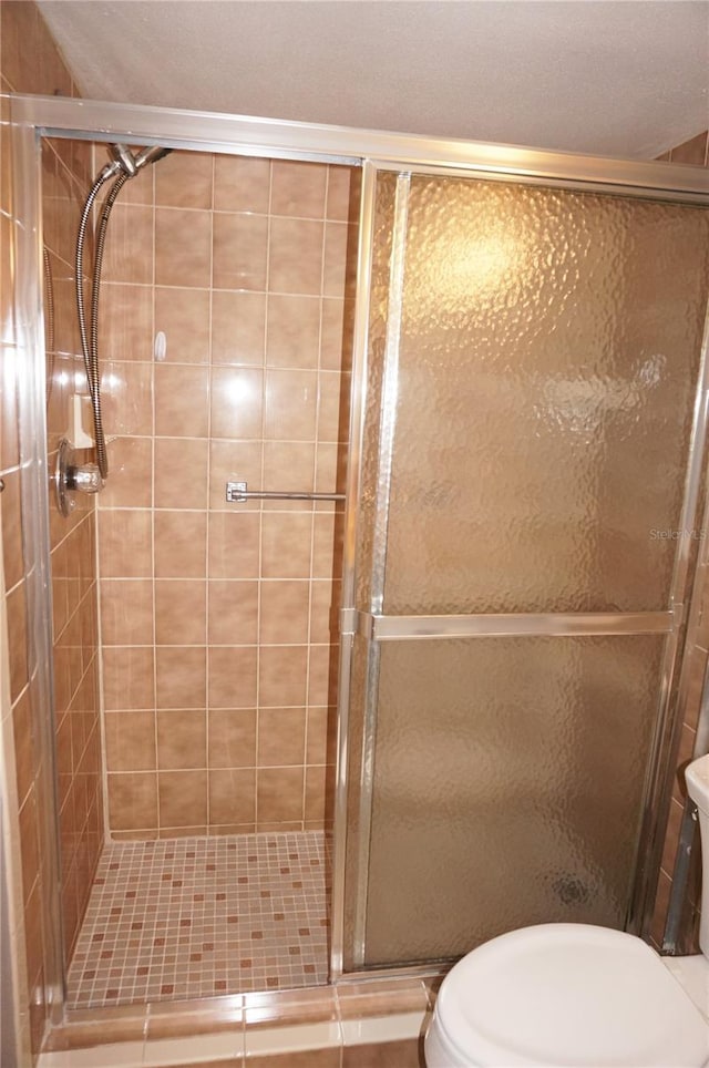 bathroom featuring a stall shower and toilet