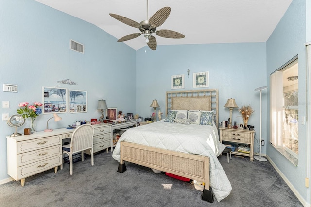 carpeted bedroom with ceiling fan and lofted ceiling