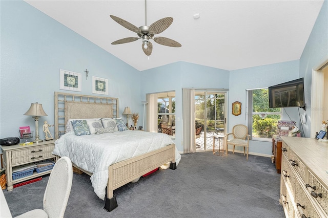 bedroom featuring dark colored carpet, access to outside, ceiling fan, and lofted ceiling