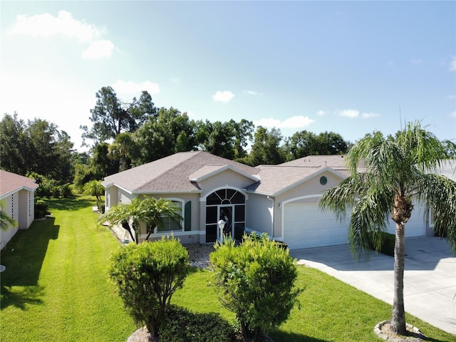 single story home featuring a front yard and a garage