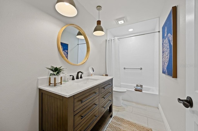 full bathroom with shower / tub combo, vanity, toilet, and tile patterned floors