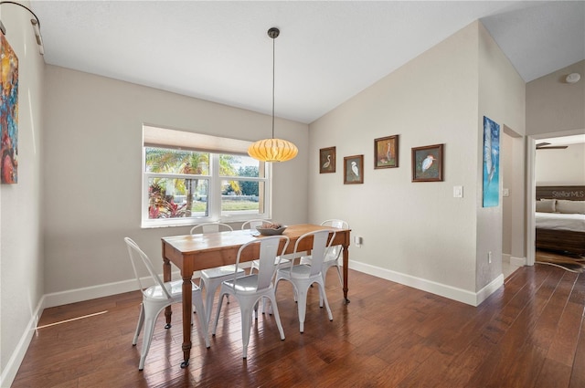 dining room with lofted ceiling and dark wood-type flooring