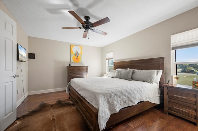 bedroom featuring ceiling fan, dark hardwood / wood-style flooring, a textured ceiling, and multiple windows