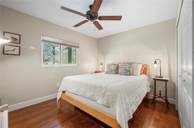 bedroom with dark hardwood / wood-style flooring, a closet, and ceiling fan