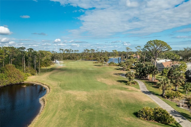 surrounding community featuring a lawn and a water view