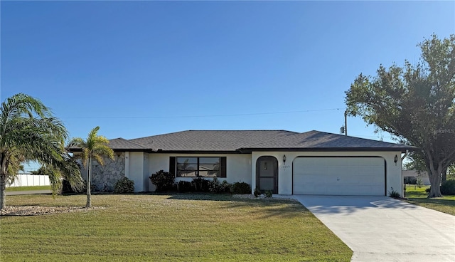 ranch-style home featuring a front lawn and a garage