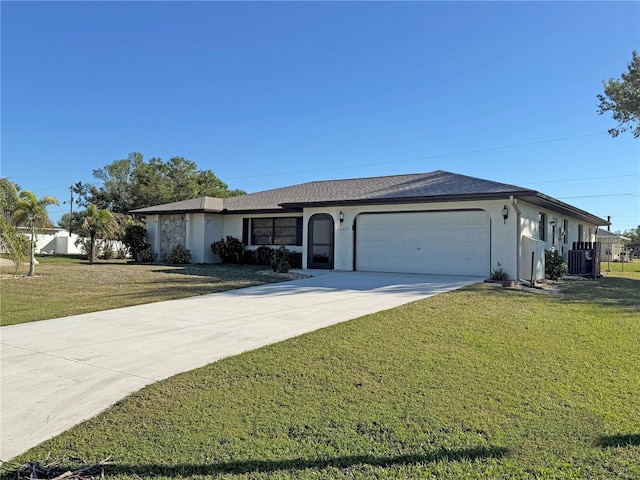 ranch-style home featuring cooling unit, a front lawn, and a garage