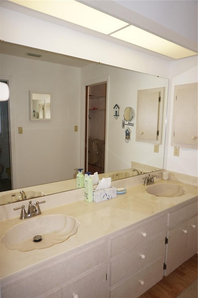 bathroom with vanity and hardwood / wood-style flooring