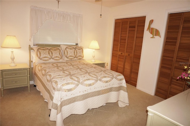 carpeted bedroom with two closets