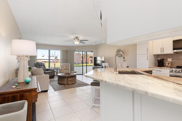 kitchen with light stone countertops, appliances with stainless steel finishes, ceiling fan, sink, and white cabinets