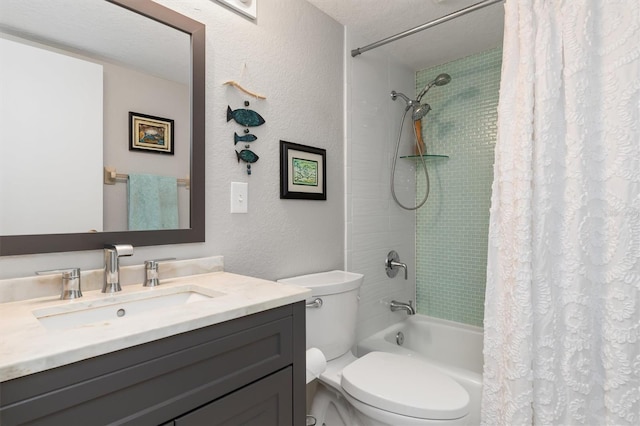 full bathroom featuring a textured ceiling, vanity, shower / bath combo, and toilet