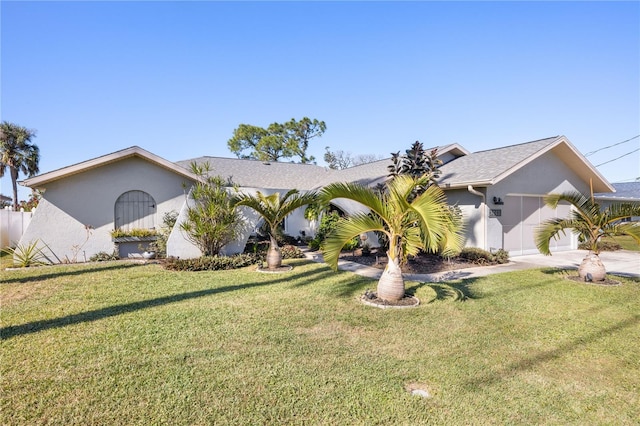 single story home with a garage and a front lawn