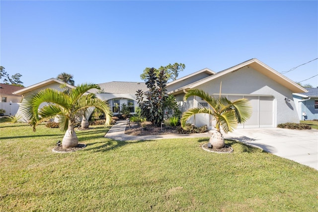 single story home featuring a garage and a front yard