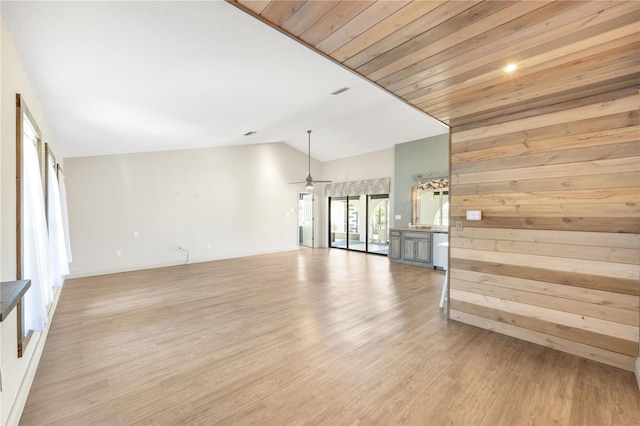 unfurnished living room featuring light hardwood / wood-style floors, vaulted ceiling, ceiling fan, and wooden ceiling