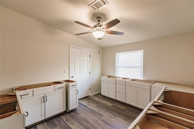 kitchen with white cabinetry, ceiling fan, dark wood-type flooring, and vaulted ceiling