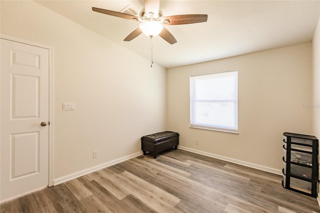 spare room with ceiling fan and light wood-type flooring