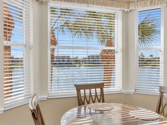 dining room with a water view and plenty of natural light