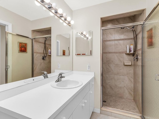 bathroom featuring tile patterned floors, vanity, and walk in shower