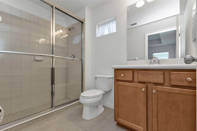 bathroom with tile patterned flooring, vanity, toilet, and an enclosed shower