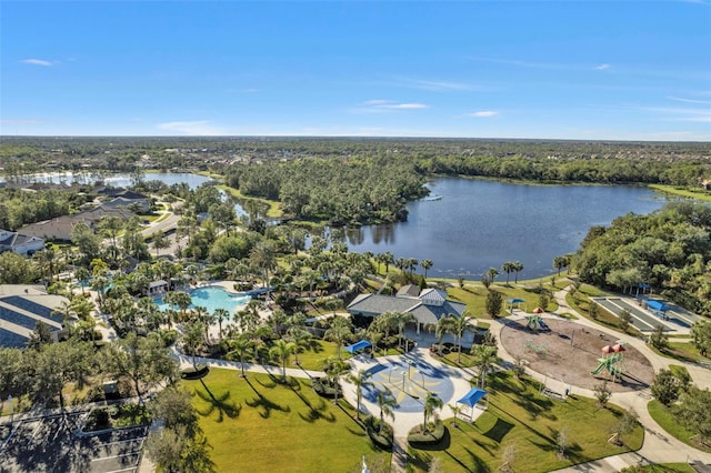 birds eye view of property with a water view