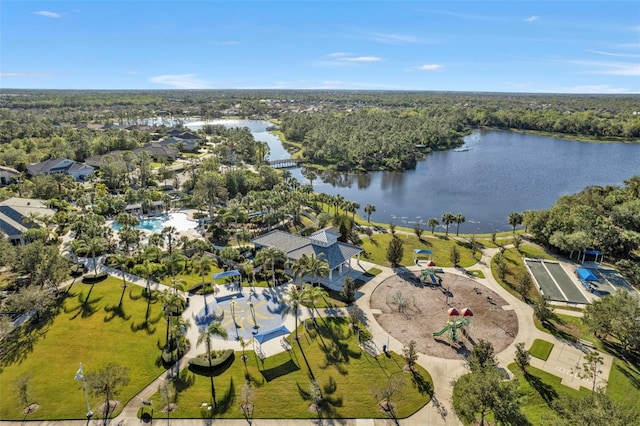 drone / aerial view featuring a water view