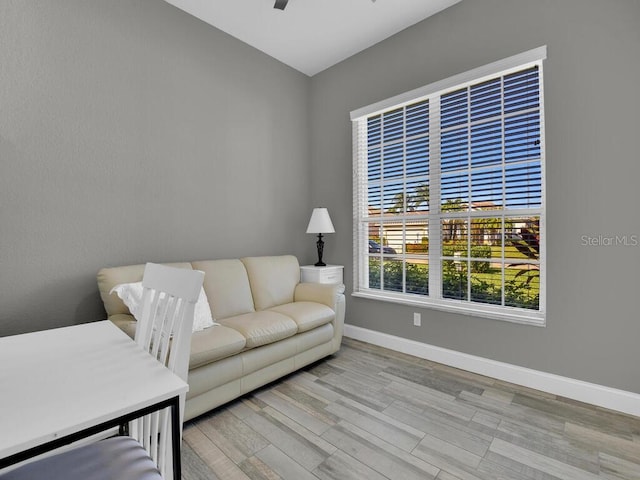 living room featuring ceiling fan and light hardwood / wood-style flooring