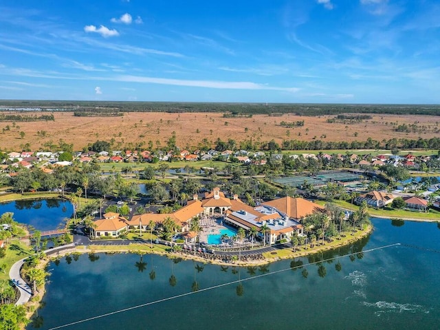 drone / aerial view with a water view