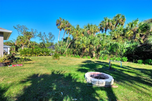 view of yard featuring an outdoor fire pit