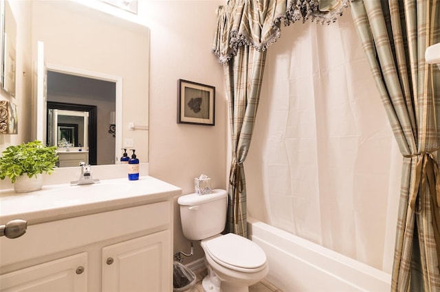 full bathroom with vanity, toilet, and shower / bathtub combination with curtain