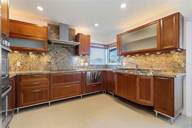 kitchen with sink, wall chimney range hood, tasteful backsplash, black electric stovetop, and light tile patterned floors