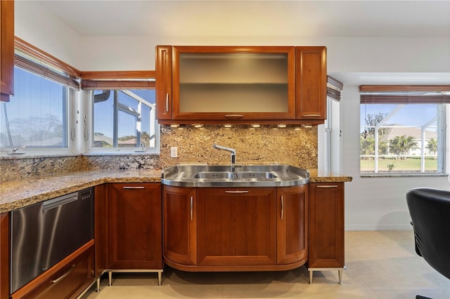 kitchen featuring stainless steel dishwasher, a healthy amount of sunlight, sink, and tasteful backsplash