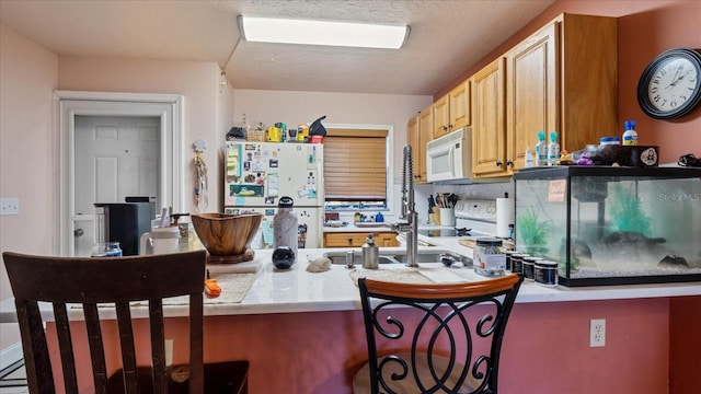 kitchen featuring a breakfast bar, light brown cabinets, white appliances, and a textured ceiling