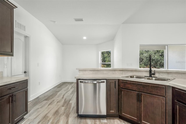 kitchen with dark brown cabinetry, sink, stainless steel dishwasher, and light wood-type flooring