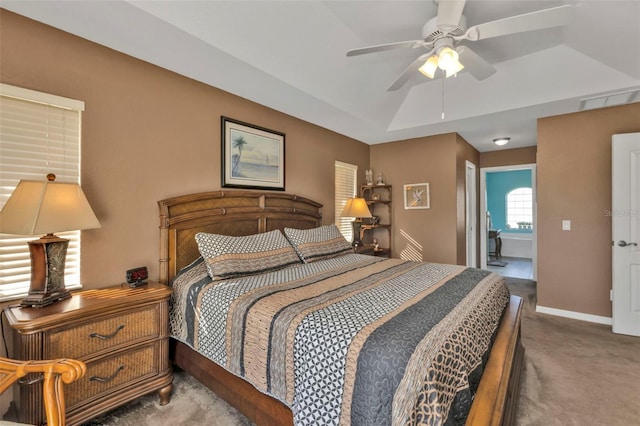 bedroom with ceiling fan and carpet floors