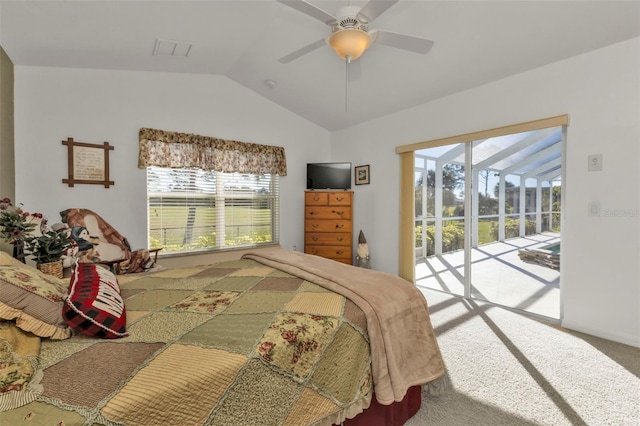 carpeted bedroom featuring access to outside, ceiling fan, and lofted ceiling