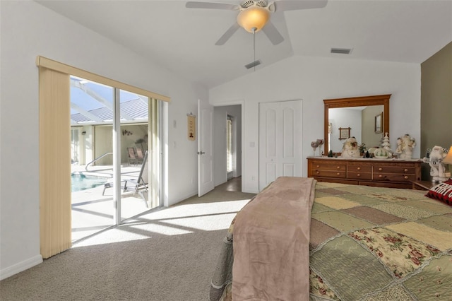 carpeted bedroom with access to outside, vaulted ceiling, and ceiling fan