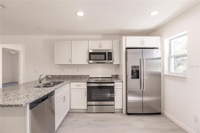 kitchen with white cabinets, kitchen peninsula, sink, and appliances with stainless steel finishes