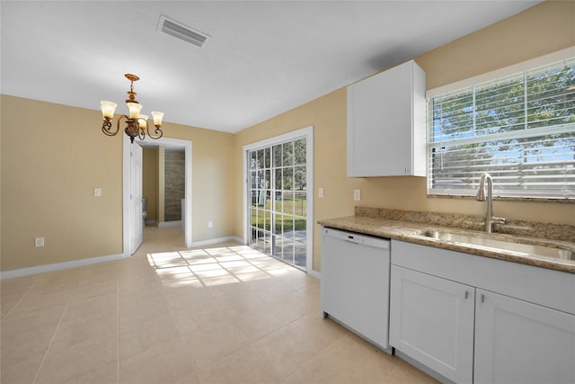 kitchen with white dishwasher, sink, pendant lighting, a notable chandelier, and white cabinetry