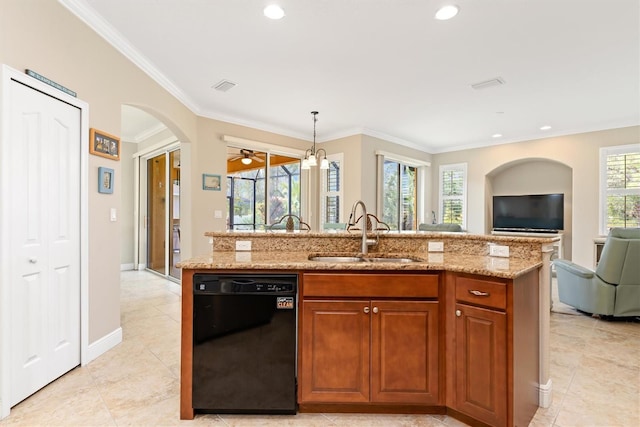 kitchen featuring sink, hanging light fixtures, ornamental molding, black dishwasher, and an island with sink