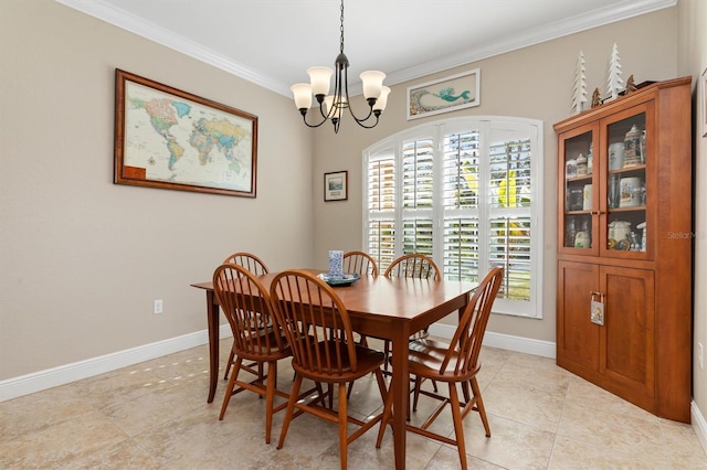 dining room with ornamental molding, light tile patterned floors, and an inviting chandelier