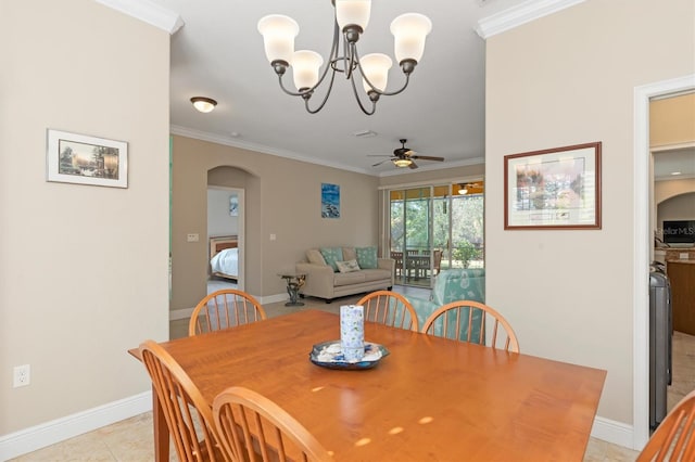 tiled dining room with ceiling fan with notable chandelier and crown molding