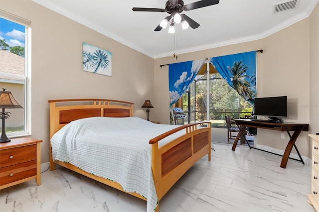 bedroom featuring ceiling fan and ornamental molding