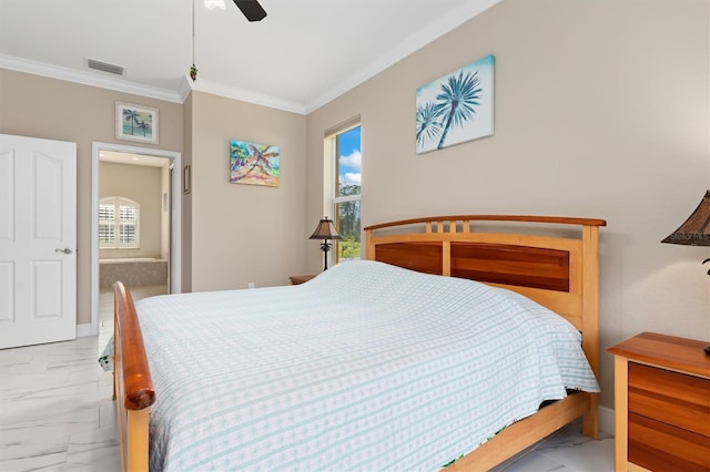 bedroom with ensuite bath, multiple windows, ornamental molding, and ceiling fan