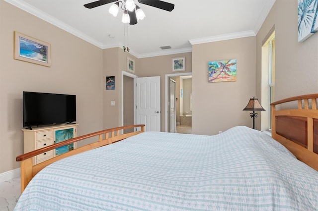 bedroom featuring connected bathroom, ceiling fan, and ornamental molding