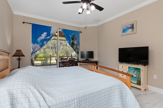 bedroom with access to exterior, ceiling fan, and ornamental molding