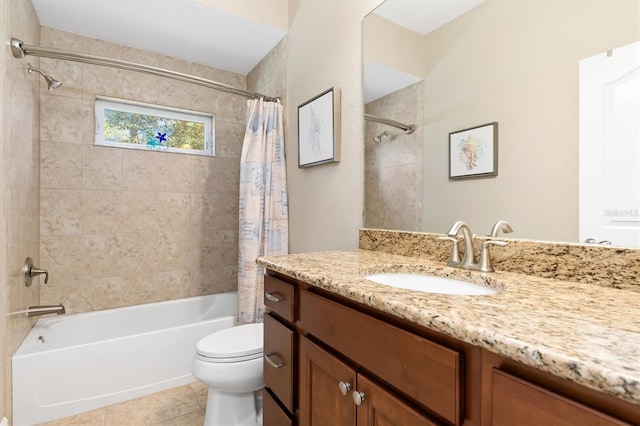 full bathroom featuring toilet, shower / bath combo, vanity, and tile patterned floors