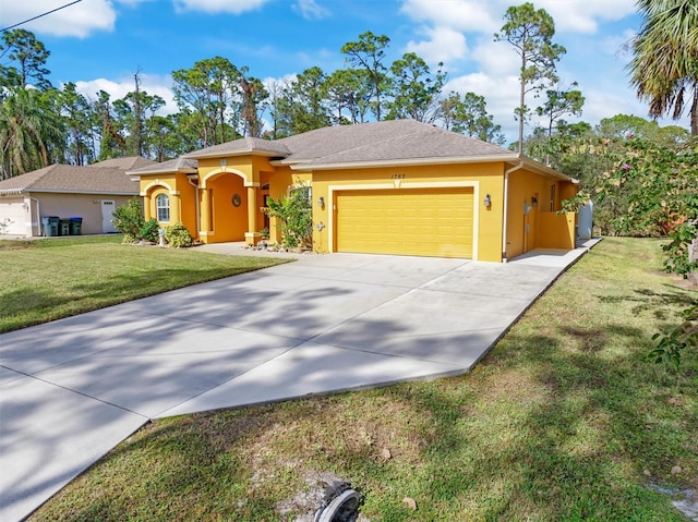 ranch-style house with a front yard and a garage